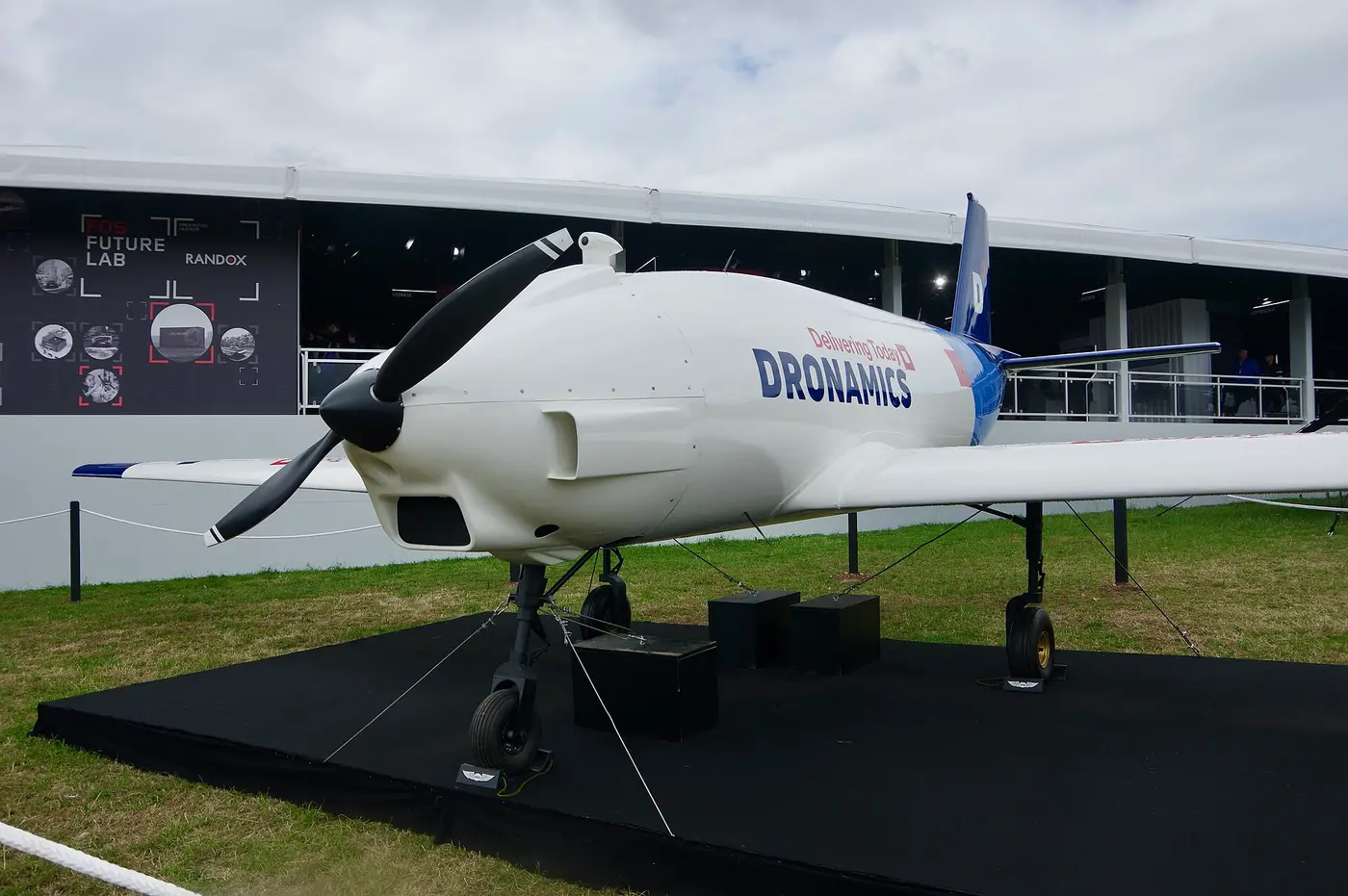 Large cargo drone on display at an aviation industry show